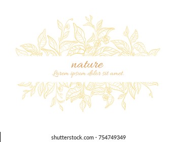 Vector frame for design template. Golden line art floral decor with realistic tea branch, leaves on white background. Nature style element. Organic food. Illustration for invitations, cards, web page.