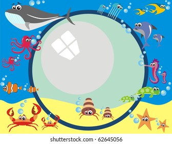 Vector - Frame Design with Under Water Animals & Breathing Bubbles - Octopus, Tropical Fish, Dolphin, Turtle, Jellyfish, Whale, Sea Horse, Star