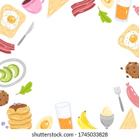 Vector frame of different breakfast ingredients and variants. Pancakes, coffee, juice, bacon, eggs, toast, fruits, cookies. Breakfast products. Cartoon style illustration. 