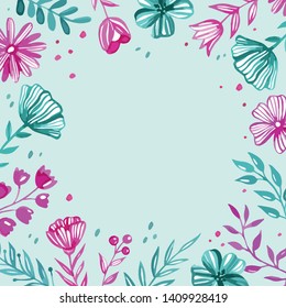Vector frame of different flowers and floral elements. Cute design for greeting cards and posters. 