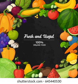 Vector frame of different fruits and vegetables. Template for cooking, restaurant menu and vegetarian food