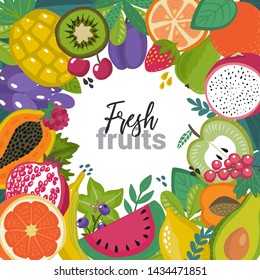 Vector frame with different tropical exotic fruits and brries in flat simple style. Colorful fresh summer square border