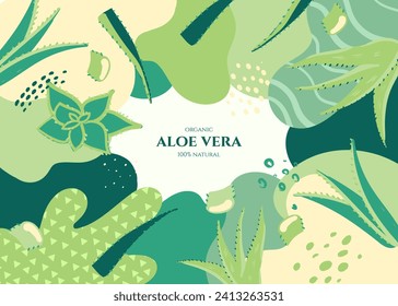 Marco vectorial con aloe doodle y elementos abstractos. Ilustraciones dibujadas a mano.