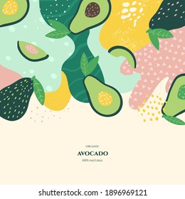 Vector frame with doodle avocado and abstract elements. Hand drawn illustrations.