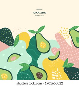 Vector frame with doodle avocado and abstract elements. Hand drawn illustrations.