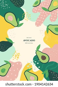 Vector frame with doodle avocado and abstract elements. Hand drawn illustrations.