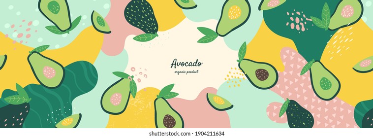 Marco vectorial con aguacate doodle y elementos abstractos. Ilustraciones dibujadas a mano.