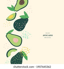Vector frame with doodle avocado and abstract elements. Hand drawn illustrations.