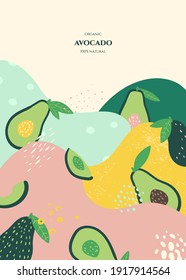 Vector frame with doodle avocado and abstract elements. Hand drawn illustrations.