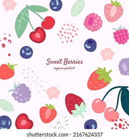 Vector frame with doodle  berries and abstract elements. Hand drawn illustrations.