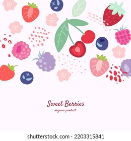 Vector frame with doodle  berries and abstract elements. Hand drawn illustrations.