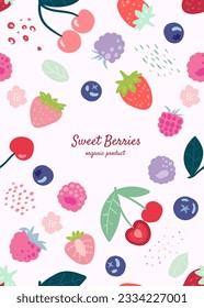 Vector frame with doodle  berries and abstract elements.  Vector seamless pattern. Hand drawn illustrations. 