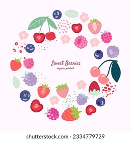 Vector frame with doodle  berries and abstract elements. Hand drawn illustrations.