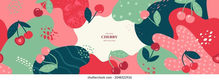 Vector Frame With Doodle Cherry And Abstract Elements. Hand Drawn Illustrations.