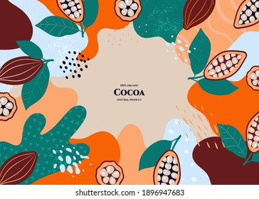 Marco vectorial con cacao doodle y elementos abstractos. Ilustraciones dibujadas a mano.