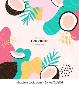 Vector frame with doodle coconut and abstract elements. Hand drawn illustrations.