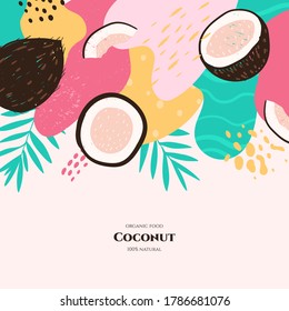 Vector frame with doodle coconut and abstract elements. Hand drawn illustrations.