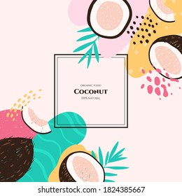 Vector frame with doodle coconut and abstract elements. Hand drawn illustrations.