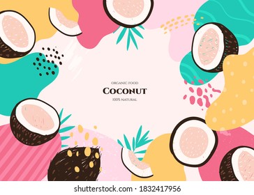 Vector frame with doodle coconut and abstract elements. Hand drawn illustrations.