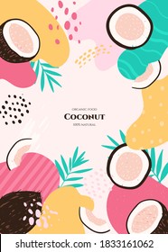 Vector frame with doodle coconut and abstract elements. Hand drawn illustrations.