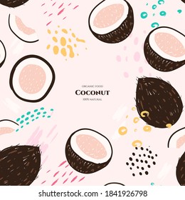 Vector frame with doodle coconut and abstract elements. Hand drawn illustrations.