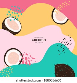 Vector frame with doodle coconut and abstract elements. Hand drawn illustrations.