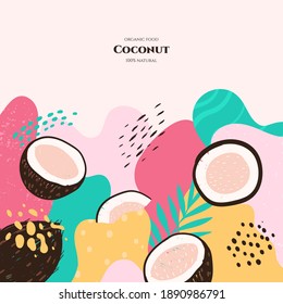 Vector frame with doodle coconut and abstract elements. Hand drawn illustrations.