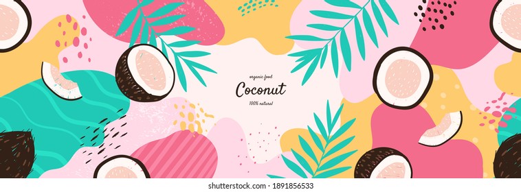 Vector frame with doodle coconut and abstract elements. Hand drawn illustrations.