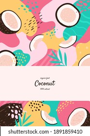 Vector frame with doodle coconut and abstract elements. Hand drawn illustrations.