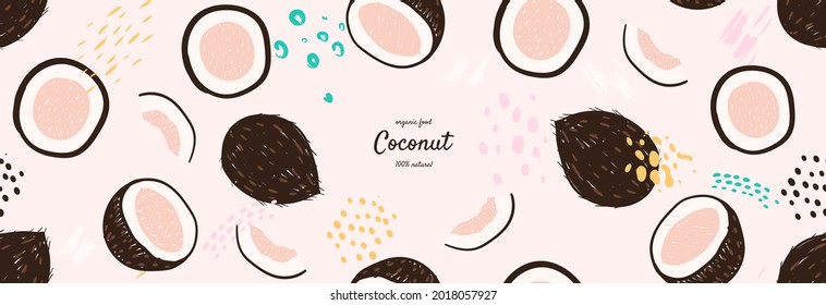 Vector frame with doodle coconut and abstract elements. Hand drawn illustrations. Vector seamless pattern.