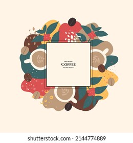 Vector frame with doodle coffee and abstract elements. Hand drawn illustrations.