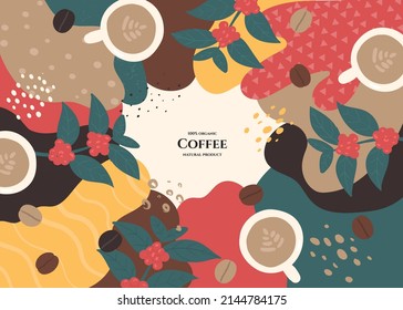 Vector frame with doodle coffee and abstract elements. Hand drawn illustrations.