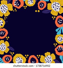 Vector frame with doodle color flowers. Colorful flowers