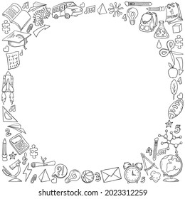 Vector frame with doodle drawings about school and education. Banner for students. Preparation for the teacher's day, September 1, the day of knowledge. Hand and line drawn stationery, school supplies