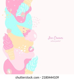 Marco vectorial con helado de doodle y elementos abstractos. Ilustraciones dibujadas a mano.
