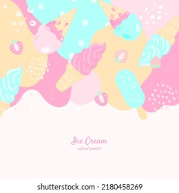 Vector frame with doodle ice cream and abstract elements. Hand drawn illustrations.