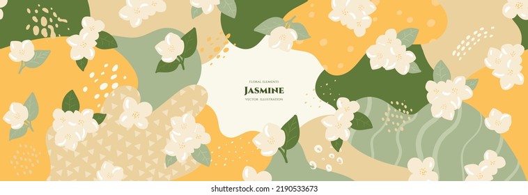 Vector frame with doodle jasmine and abstract elements. Hand drawn illustrations.