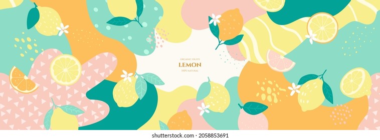 Vector frame with doodle lemon and abstract elements. Hand drawn illustrations.