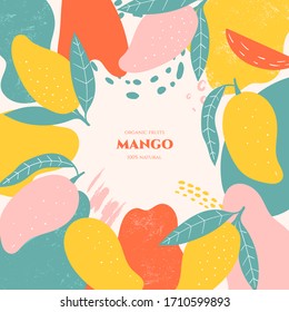 Vector frame with doodle mango and abstract elements. Hand drawn illustrations.