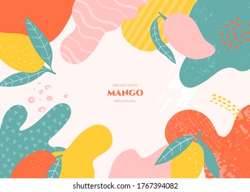 Vector frame with doodle mango and abstract elements. Hand drawn illustrations.