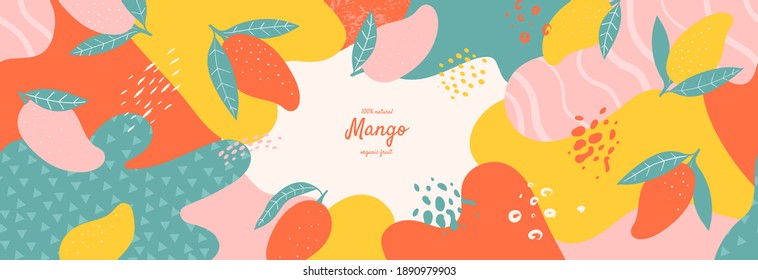 Vector frame with doodle mango and abstract elements. Hand drawn illustrations.