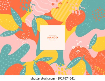 Vector frame with doodle mango and abstract elements. Hand drawn illustrations.