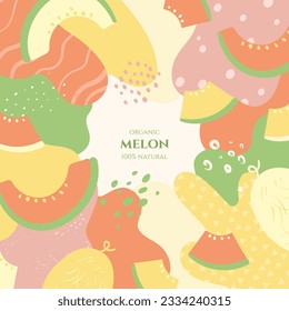 Vector frame with doodle melon and abstract elements. Hand drawn illustrations.