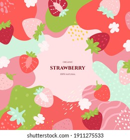 Vector frame with doodle strawberry and abstract elements. Hand drawn illustrations.