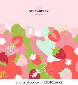 Vector frame with doodle strawberry and abstract elements. Hand drawn illustrations.