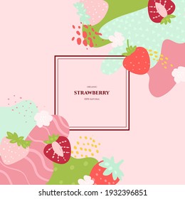 Vector frame with doodle strawberry and abstract elements. Hand drawn illustrations.