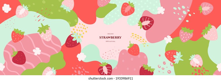 Vector frame with doodle strawberry and abstract elements. Hand drawn illustrations.