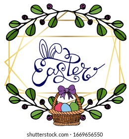 Vector frame drawing for easter. Happy easter. Spring flowers and leaves, eggs