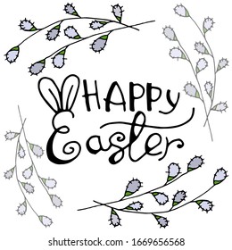 Vector frame drawing for easter. Happy easter. Spring flowers and leaves, eggs
