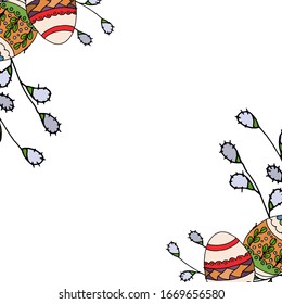Vector frame drawing for easter. Happy easter. Spring flowers and leaves, eggs